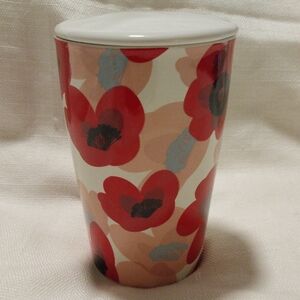 Tea Forte Petal Drop Red and Pink Ceramic Tea Infuser Tumbler with Lid